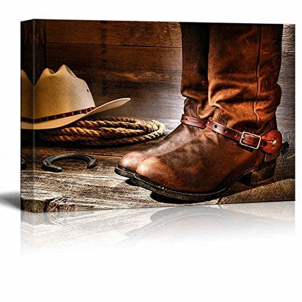 American West Rodeo Cowboy Pair of Traditional Leather Boots with Authentic Ranching Spurs with Hat and Rope Vintage Style Canvas Art Wall Art 12