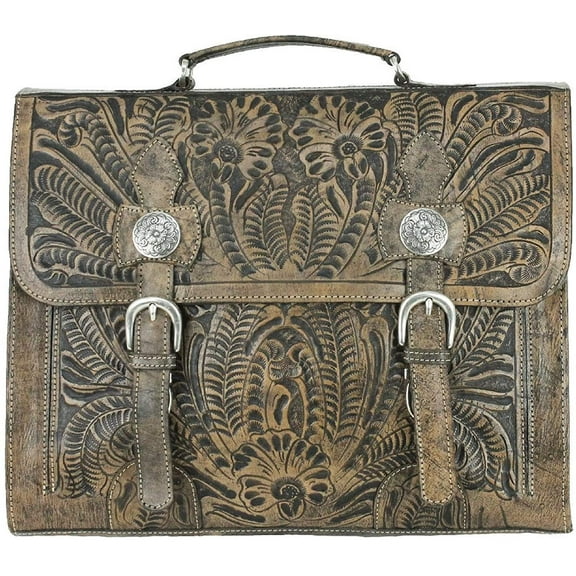 American West Stagecoach Leather Multi-Compartment Laptop Briefcase - Charcoal Brown 8583208