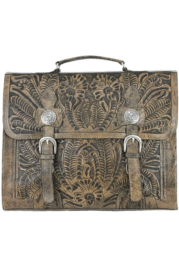 American West Stagecoach Leather Multi-Compartment Laptop Briefcase - Charcoal Brown 8583208
