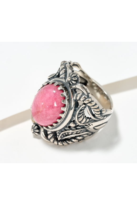 American West Sterling Oval Rhodonite Scroll & Leaf Ring, Size 10