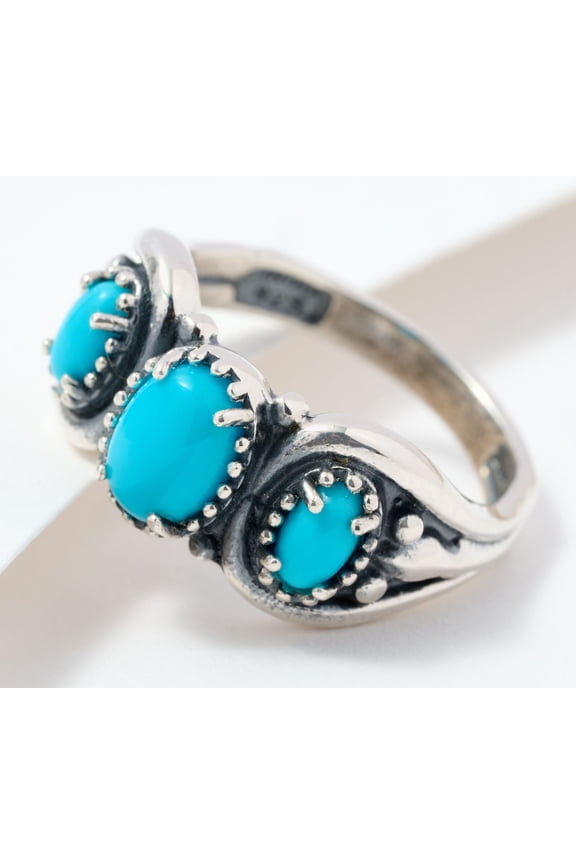 American West Sterling Silver 3-Stone Oval Turquoise Band Ring Size 9