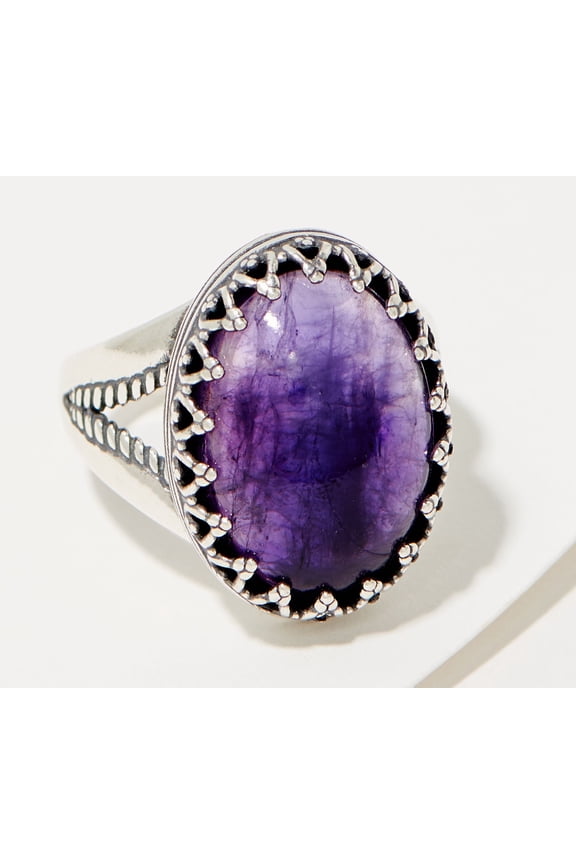 American West Sterling Silver Crown Detail Oval Amethyst Ring Size 7