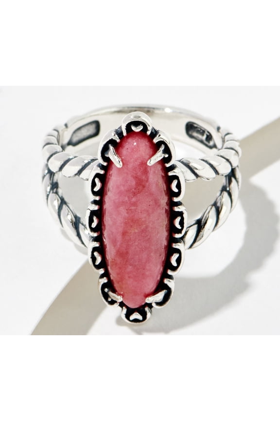 American West Sterling Silver Elongated Oval Rhodonite Rope Ring, Size 11