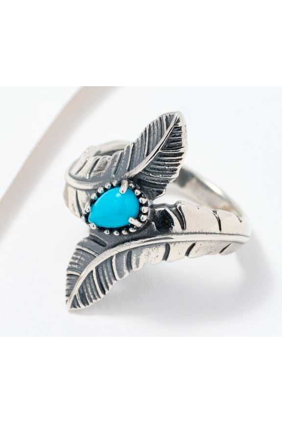 American West Sterling Silver Feather Blue Turquoise Ring Size 9
