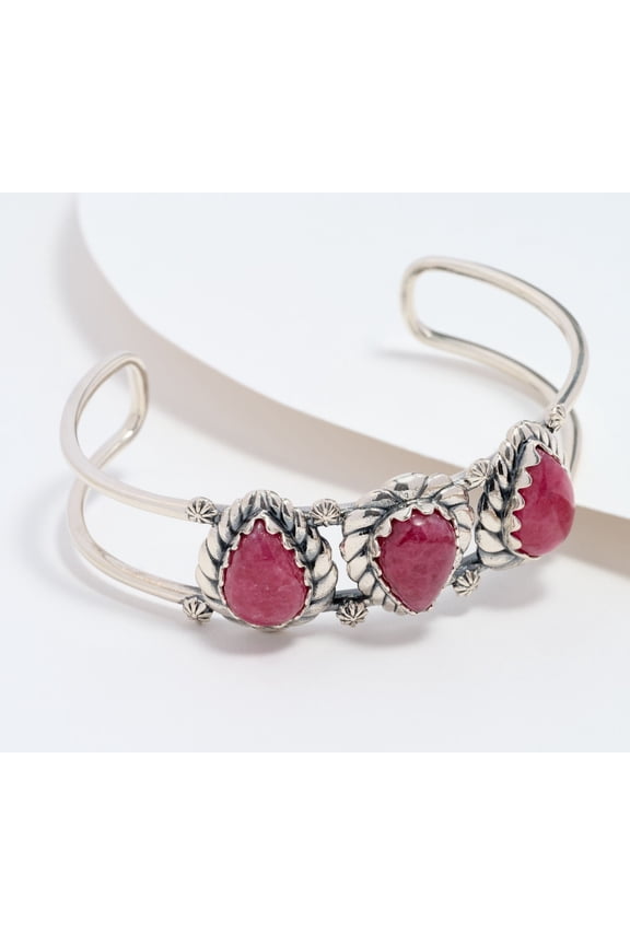 American West Sterling Silver Pear Rhodonite Rope Cuff Bracelet 6-3/4"