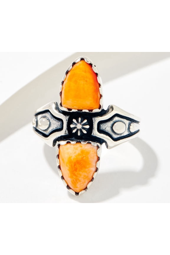 American West Sterling Silver Shield Shape ORANGE SPINY Ring, Size 10