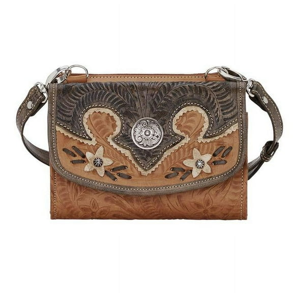 American West Women's Desert Wildflower Crossbody Bag/Wallet Golden Tan/Distressed Charcoal/Cream One Size