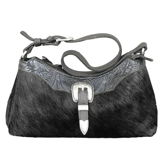 American West Women's Shoulder or Cross Body Leather Handbag Handmade Hand Tooled Hair -on