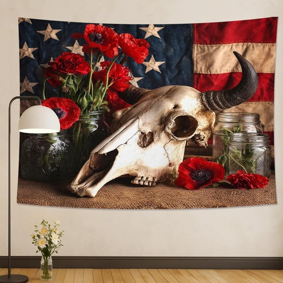 American Western Skull Floral Tapestry, Rustic Poppy Decor for Patriotic Seasonal Home Decor, Vintage Wall Hanging for Living Room, Bedroom, Dorm 30x40 Inch