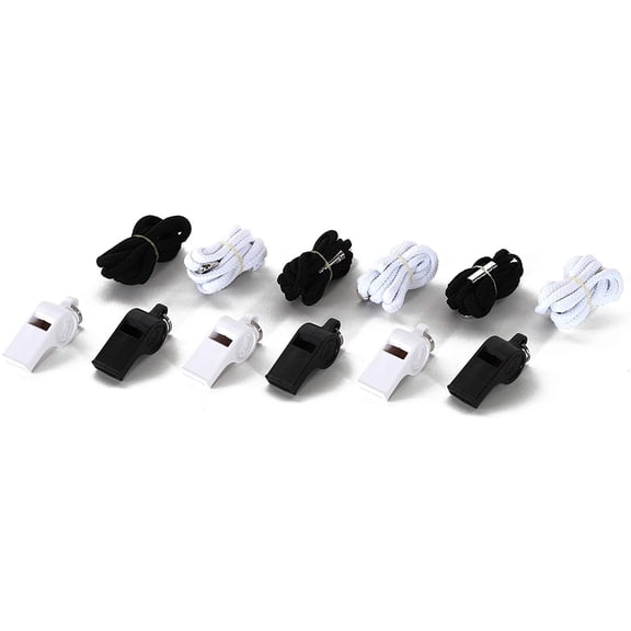 American Whistle Corporation Black and White Referee Plastic Whistles with Lanyards, 126 dB, 6 Pack