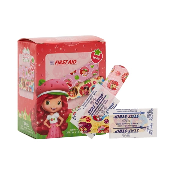 American White Cross Stat Strip Adhesive Strip, Strawberry Shortcake Bandages, 100 Count, 1 Pack