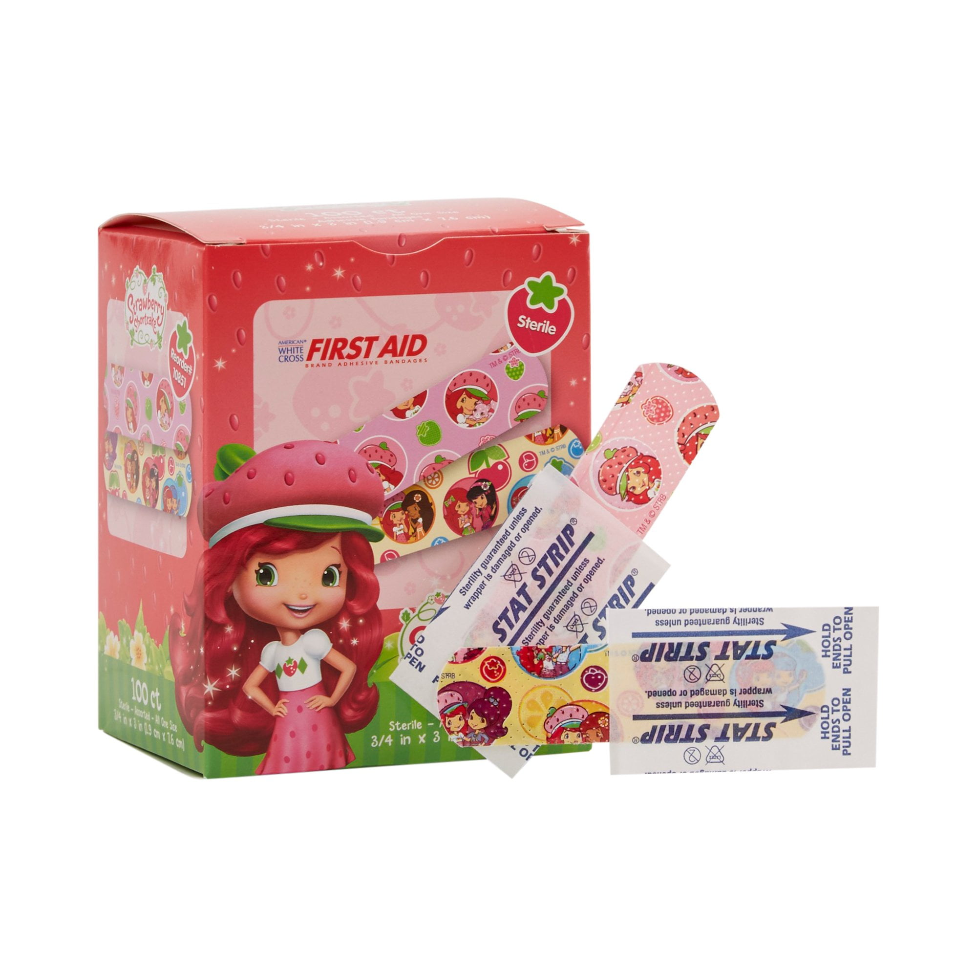 American White Cross Stat Strip Adhesive Strip, Strawberry Shortcake Bandages, 100 Count, 12 Packs, 1200 Total