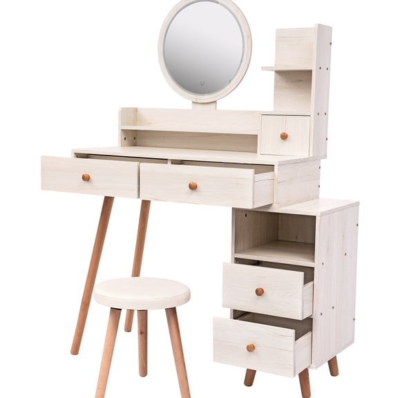 American White Oak Vanity Table with Touch LED and Storage - Create a Functional Dressing Space, Easy Assembly