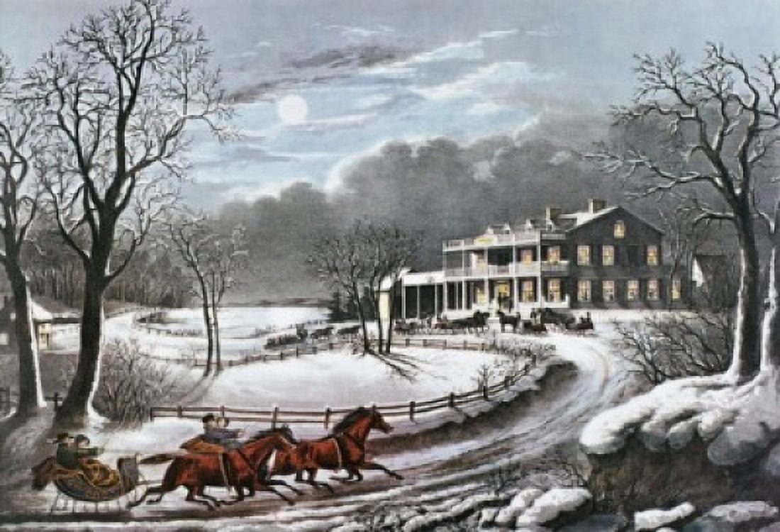 American Winter Scenes Evening Currier & Ives (1834-1907 American) Print Canvas Art - Currier & Ives (18 x 24)