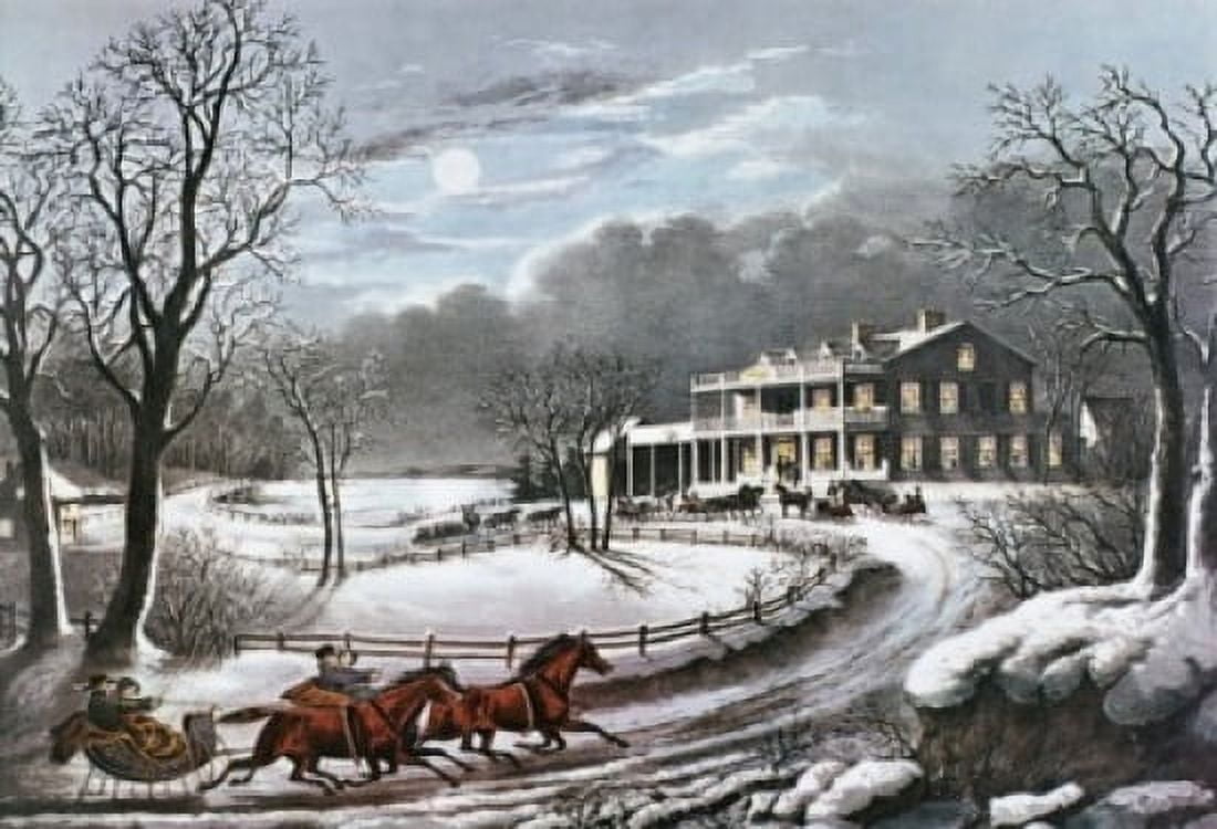 American Winter Scenes Evening Currier & Ives (1834-1907 American) Print Canvas Art - Currier & Ives (24 x 36)