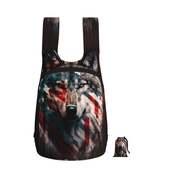 American Wolf USA Flag Foldable Storage Backpack Lightweight Packable Travel Daypack for Shopping Commuting Hiking