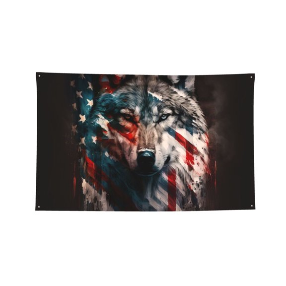 American Wolf USA Flag Four Hole Decorated Banner Flag for Garden Yard Home Decoration Indoor Outdoor 3x5 Ft