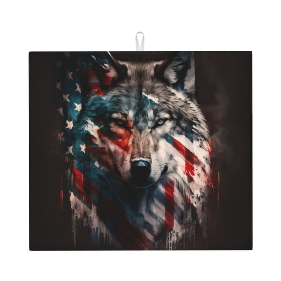 American Wolf USA Flag Kitchen Drying Mat 18x16 Inch Ultra Absorbent Countertop Mat Foldable with Hanging Loop