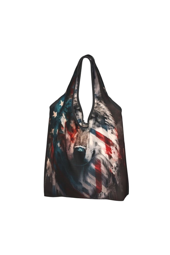 American Wolf USA Flag Reusable Grocery Bags Shopping Totes Foldable Washable Pouch Handbag Storage Bag