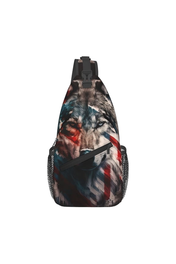 American Wolf USA Flag Sling Backpack Shoulder Chest Crossbody Bag Causal Travel Hiking Daypack