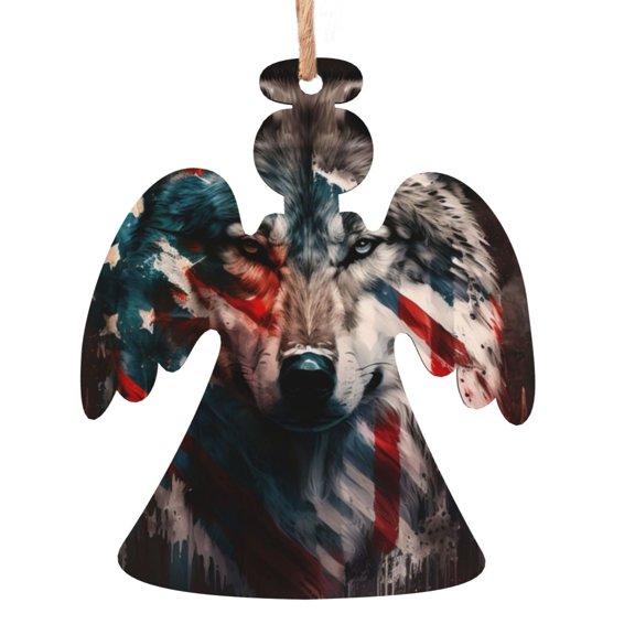 American Wolf USA Flag Wooden Christmas Ornament Angel Shape,Xmas Tree Hanging Decoration 6 PCS