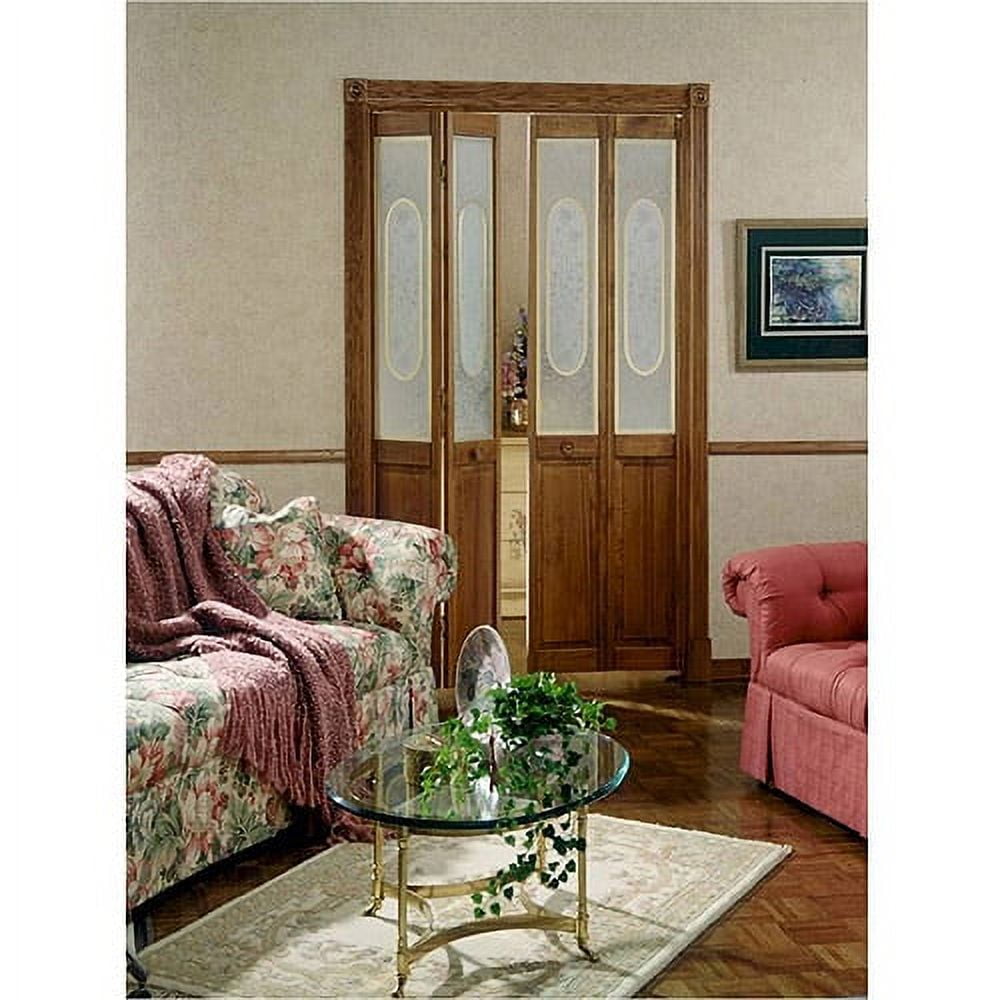 Unfinished Pine Bifold Door with Brass Trim and Patterned Glass