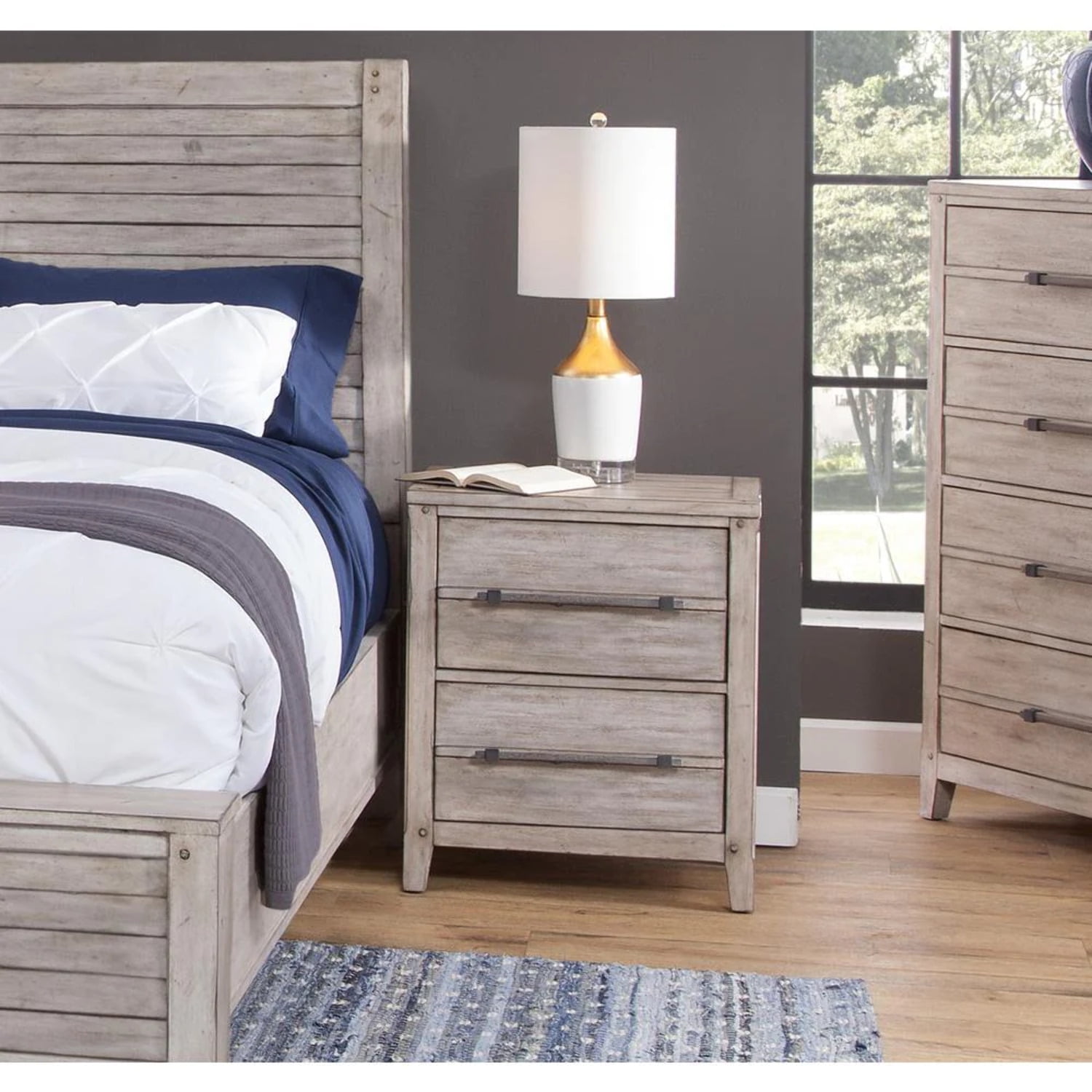 Aurora Rustic Beige Whitewashed 2-Drawer Nightstand with Metal Accents