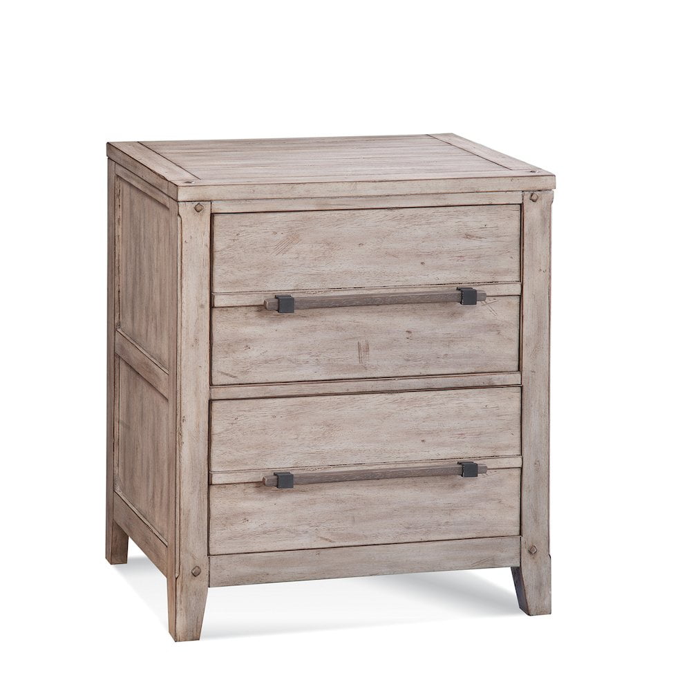 Aurora Rustic Beige Whitewashed 2-Drawer Nightstand with Metal Accents