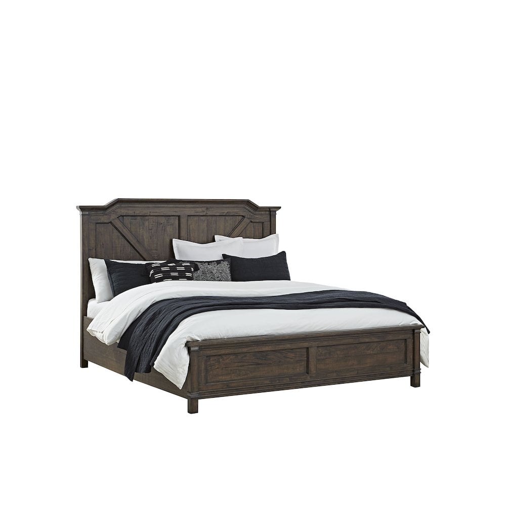 Rustic Brown Mahogany Wood King Panel Bed with Gunmetal Accents