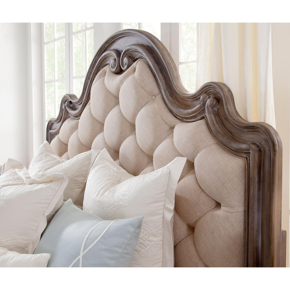 Beige Tufted Upholstered Queen Bed with Mahogany Frame