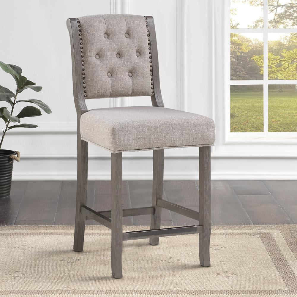 Driftwood Grey Tufted Back Counter Stool with Bronze Nailhead Trim