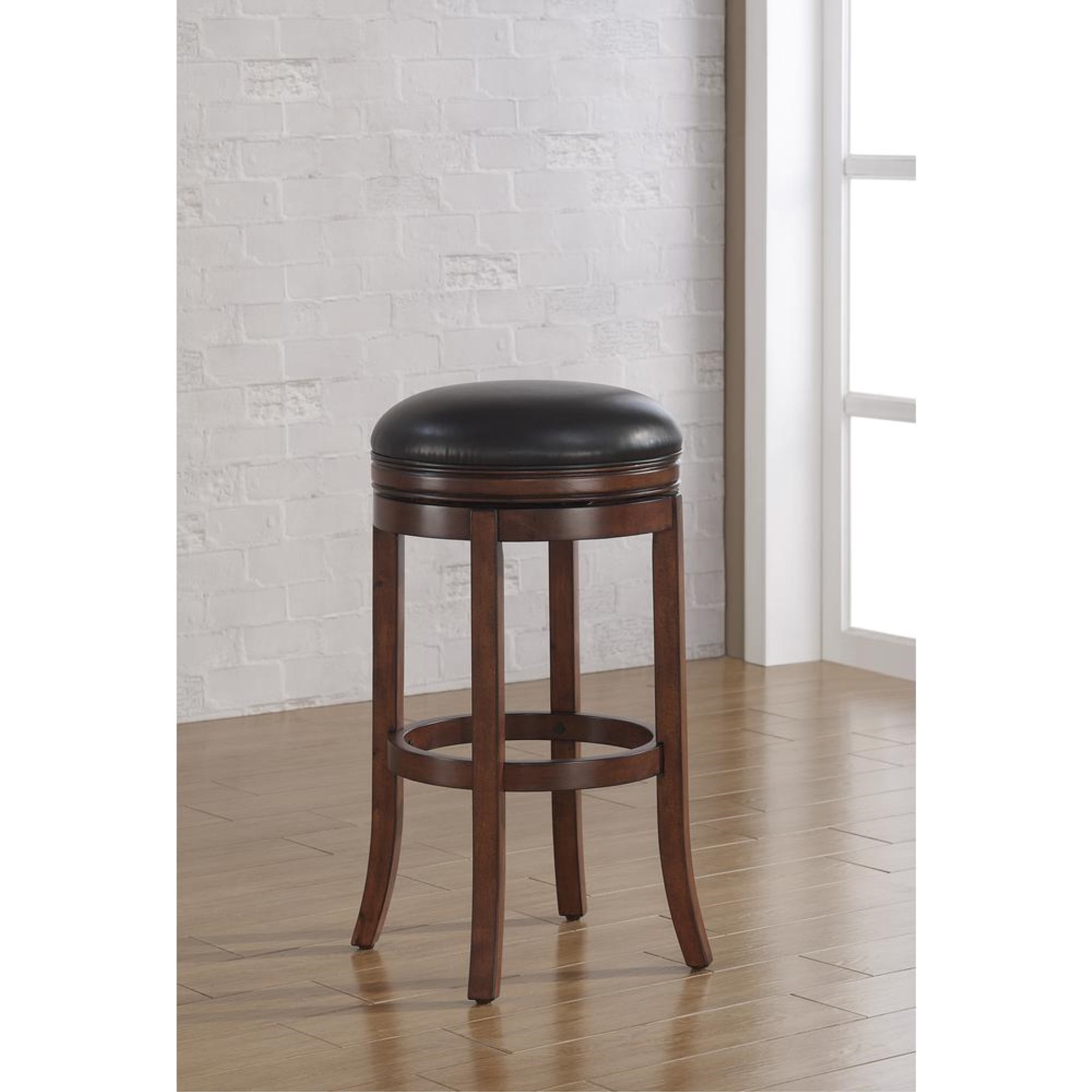 Transitional Brown Wood and Leather Swivel Bar Stool