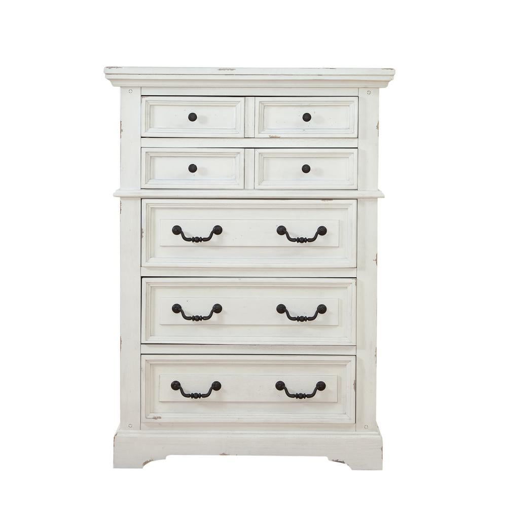 Transitional Rustic 5-Drawer White Wood Chest with Hammered Metal Knobs