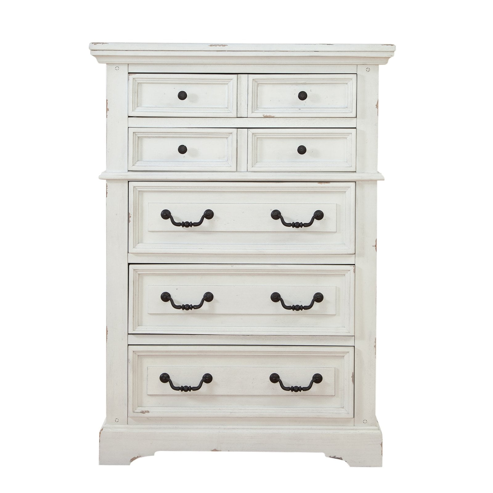 Transitional Rustic 5-Drawer White Wood Chest with Hammered Metal Knobs