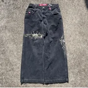 ANQINGLUELV American fashion JNCO letters trendy embroidered jeans men's retro hip-hop Harajuku casual versatile wide-leg pants for couples