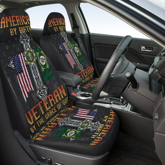 American flag By Birth Veteran By The Grace Of God Seat Covers Cars, Car Truck SUV 2 Piec