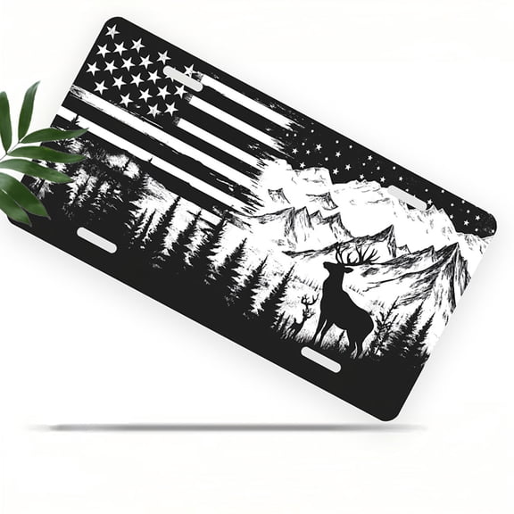 American flag and mountain with deer Front License Plate, Metal License Plate, Funny Standard Plates Personalized Novelty Decorative For Men/Women/Boys/Girls Car 6×12 Inch