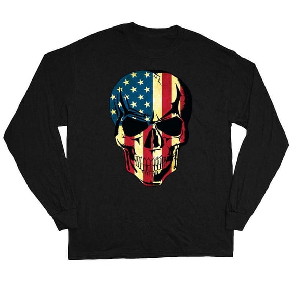 American flag skull T-shirt Men's Long Sleeve Tee Black