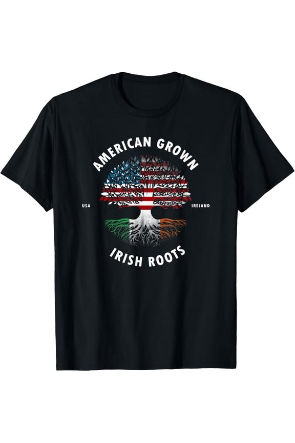 American grown Irish roots flag Ireland st Patricks day T-ShirtMen's and women's gift, black and white T-shirt, size: Extra large S-4XL