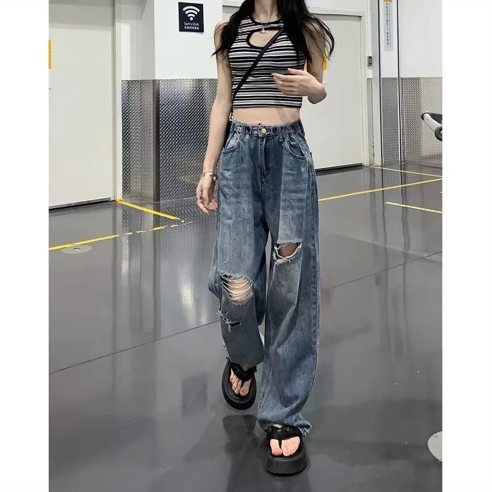 American high street ripped jeans women‘s autumn high waist slimming