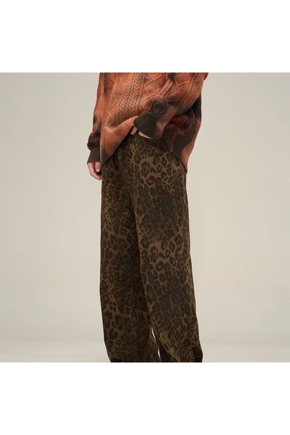American retro leopard print jeans for women, autumn design, niche heavy-duty hip-hop pants, loose wide-leg trousers