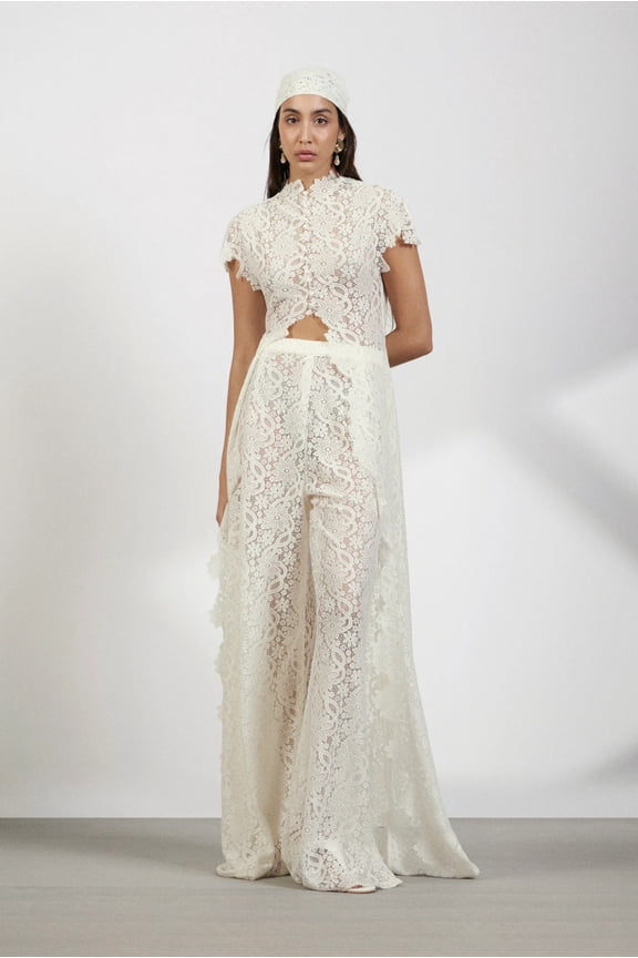 American retro style patchwork hollow lace long cardigan for women, 2026 summer collection, versatile design straight-leg pants set