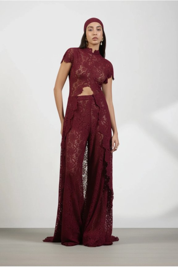 American retro style patchwork hollow lace long cardigan for women, 2026 summer collection, versatile design straight-leg pants set