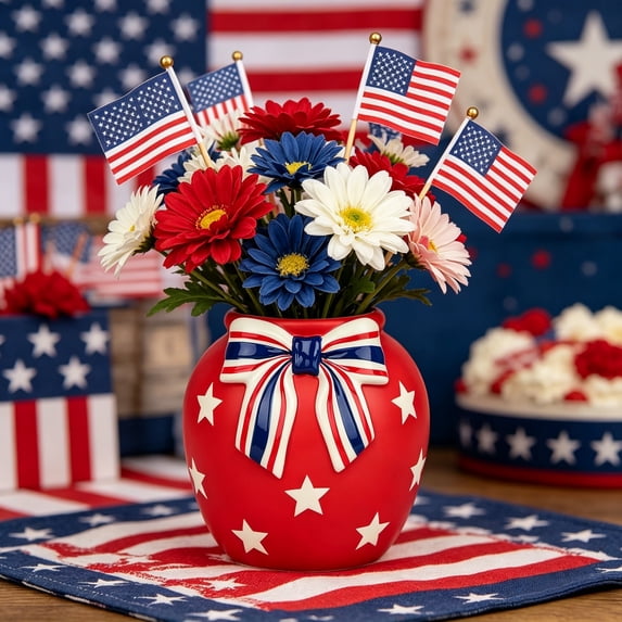 American-style Resin Vases, July 4th Patriotic Floral Arrangement Decor, 7.8H x 8.5 in Diameter Decorative Resin Vase, Indoor Tabletop Home Accent Ornament