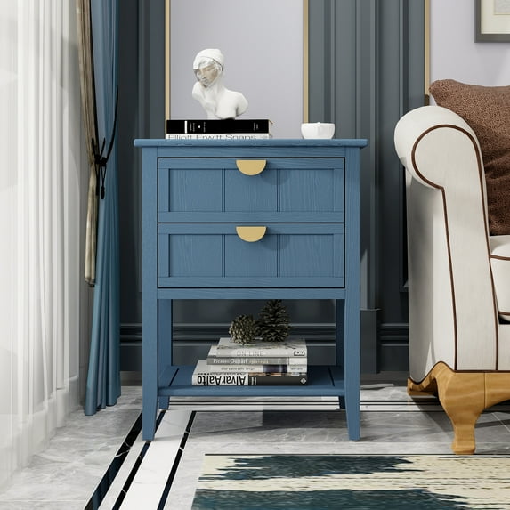 American style Side Table with 2 Drawers and 1 Open Shelf, 2 Drawer Nightstand, Small Bedside Table, End Table with Wood Legs, for Bedroom,Living Room, Blue