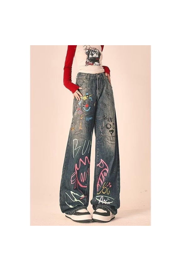 American-style graffiti print straight-leg jeans for women, spring high-street design, loose wide-leg floor-length pants