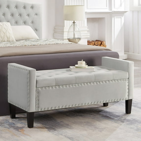 American style storage bench with armrest made of rubberwood for bedroom use