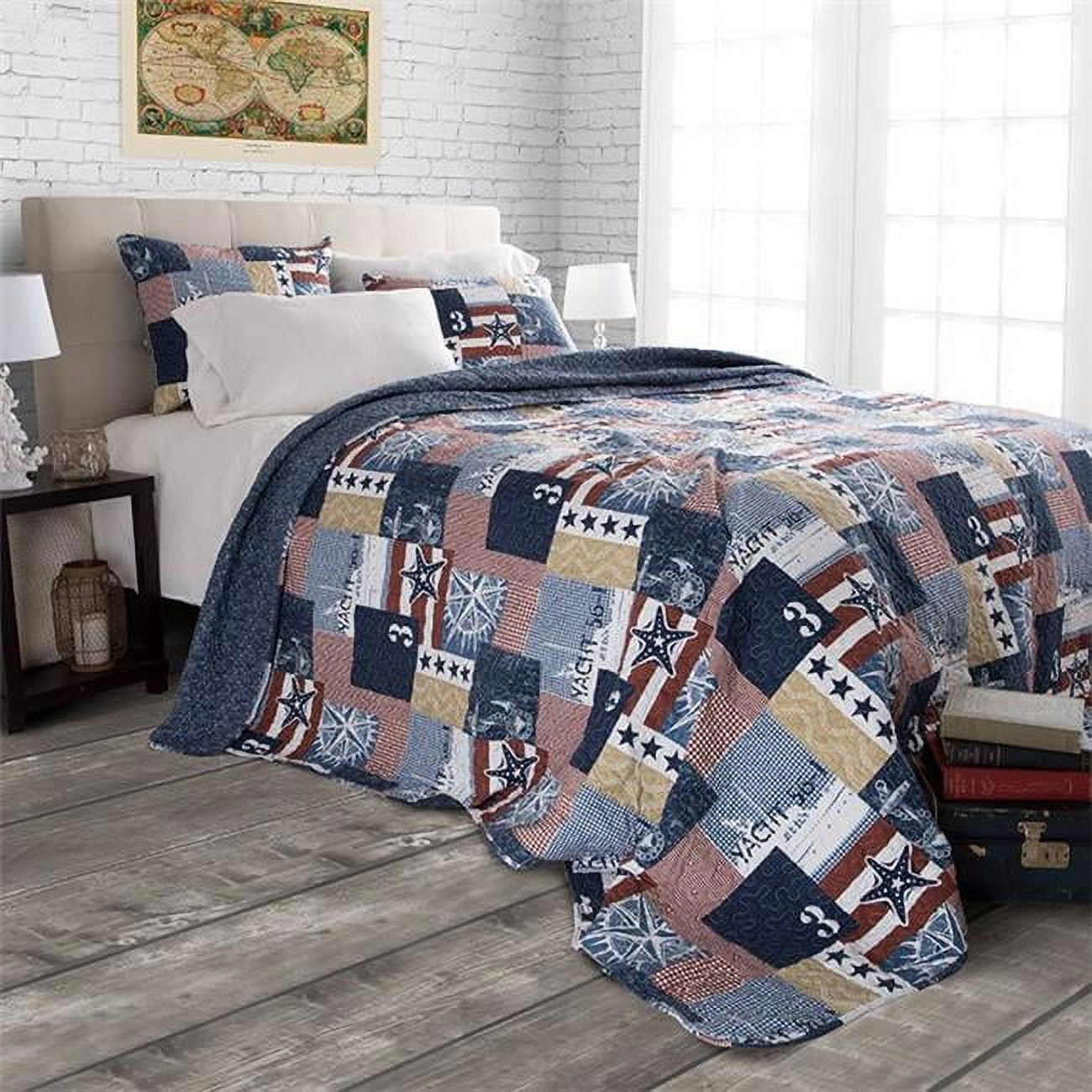 Full/Queen Blue Microfiber Nautical Americana Quilt Set