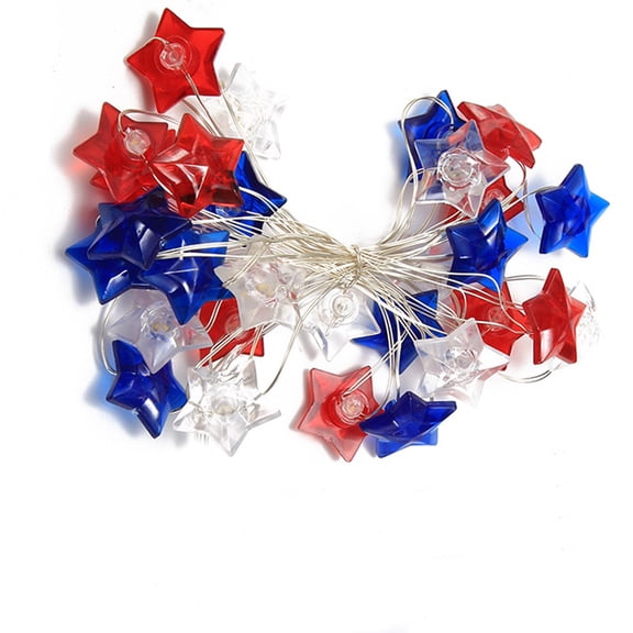 Americana 4th of July Star String Lights, Patriotic Battery Operated LED, 14.76ft Copper Wire Indoor Outdoor Porch Tree Party Home Decor