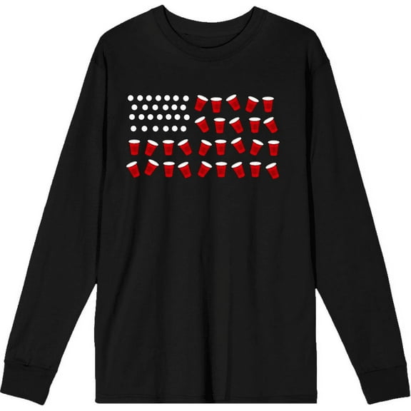 Americana Beer Pong Flag Black Adult Crew Neck Long Sleeve Tee-Small